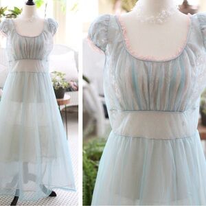 The Chiffonnerie 💗 1950s vintage nylon princess puff sleeve flowy delicate maxi